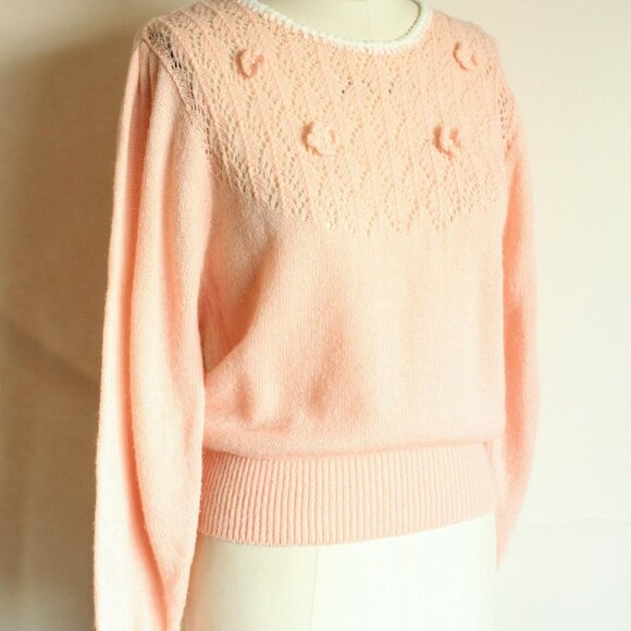 Vintage 1980s Sweater, Rt Mind Pink Pointelle Knit Pullover, Bishop Sleeve - Picture 6 of 10